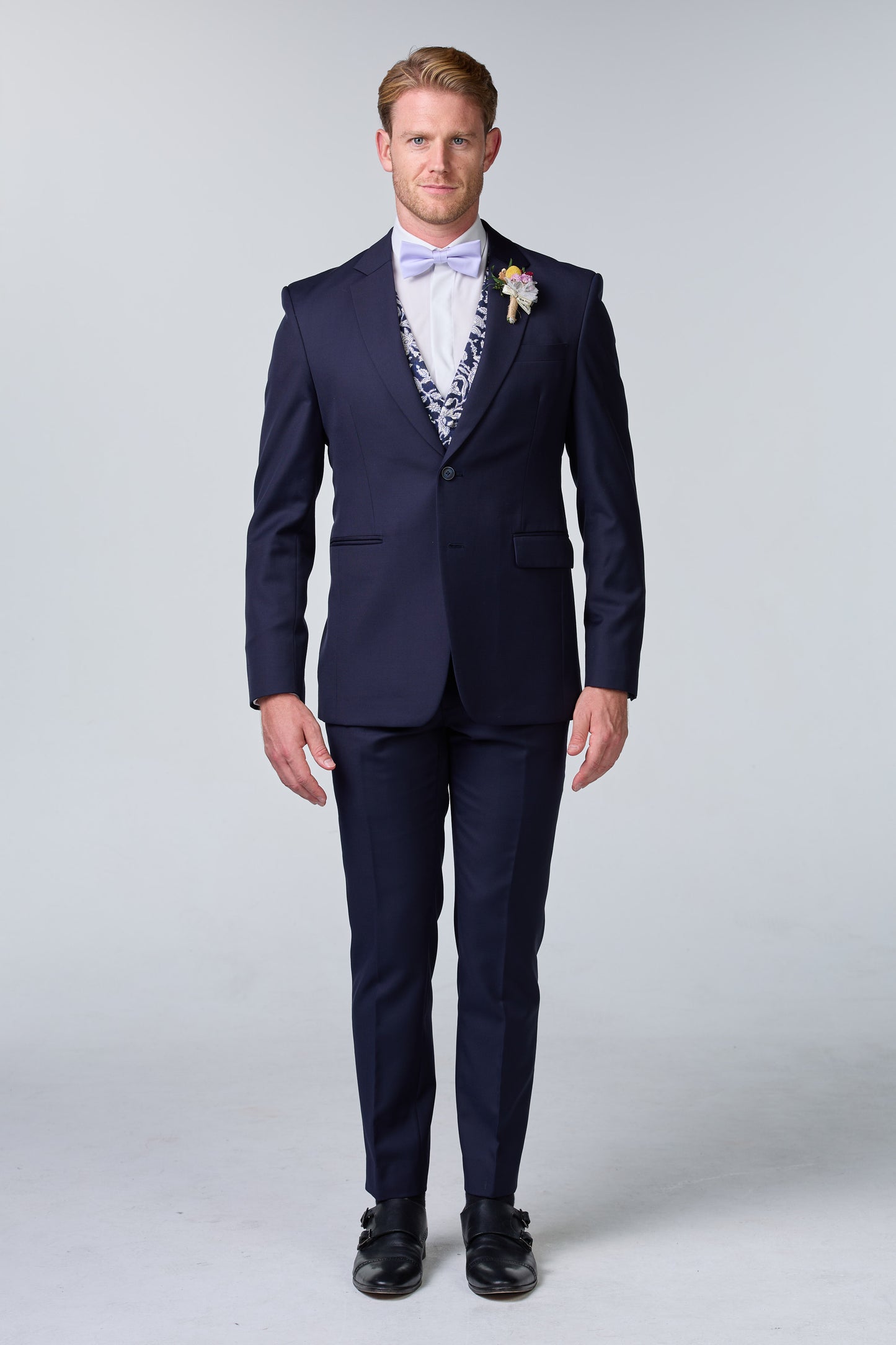 Blauer Hochzeitsanzug inkl. Weste mit Blumenmuster - premium