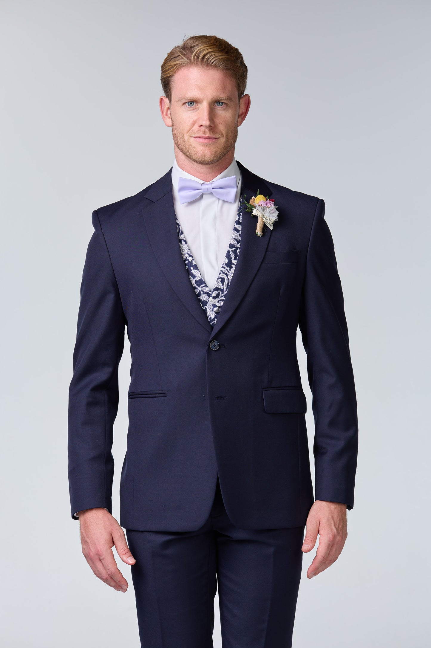 Blauer Hochzeitsanzug inkl. Weste mit Blumenmuster - premium