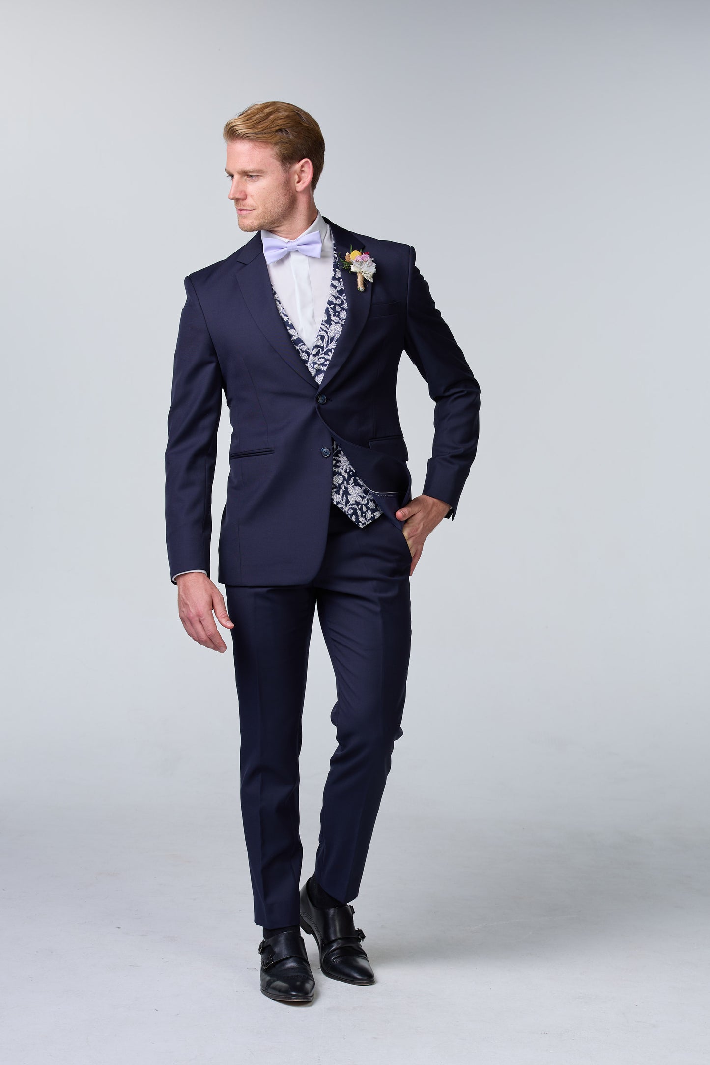 Blauer Hochzeitsanzug inkl. Weste mit Blumenmuster - budget