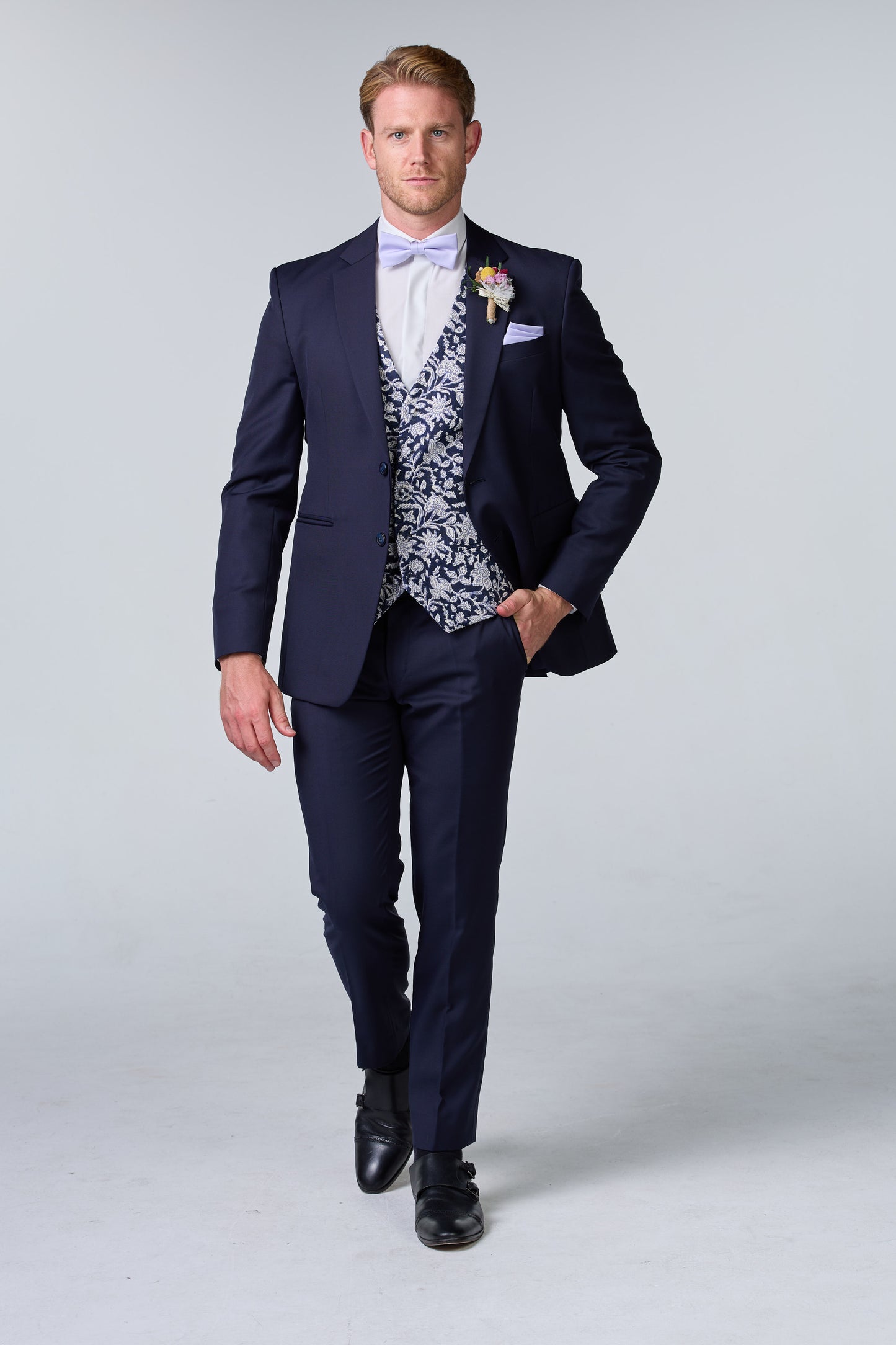 Blauer Hochzeitsanzug inkl. Weste mit Blumenmuster - premium