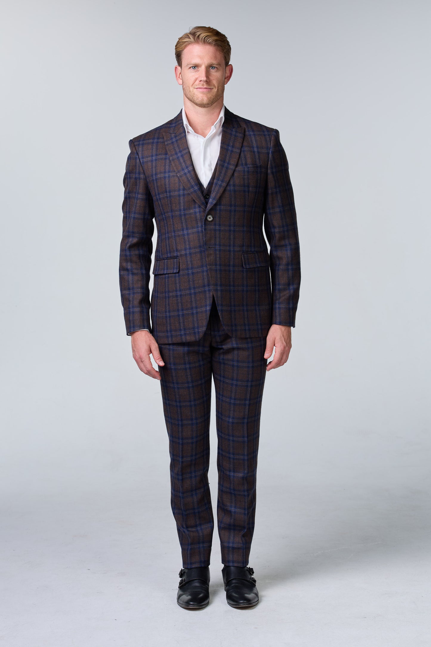 Blauer Tweed Anzug im British Chic, kariert, Peaky Blinders Stil - premium