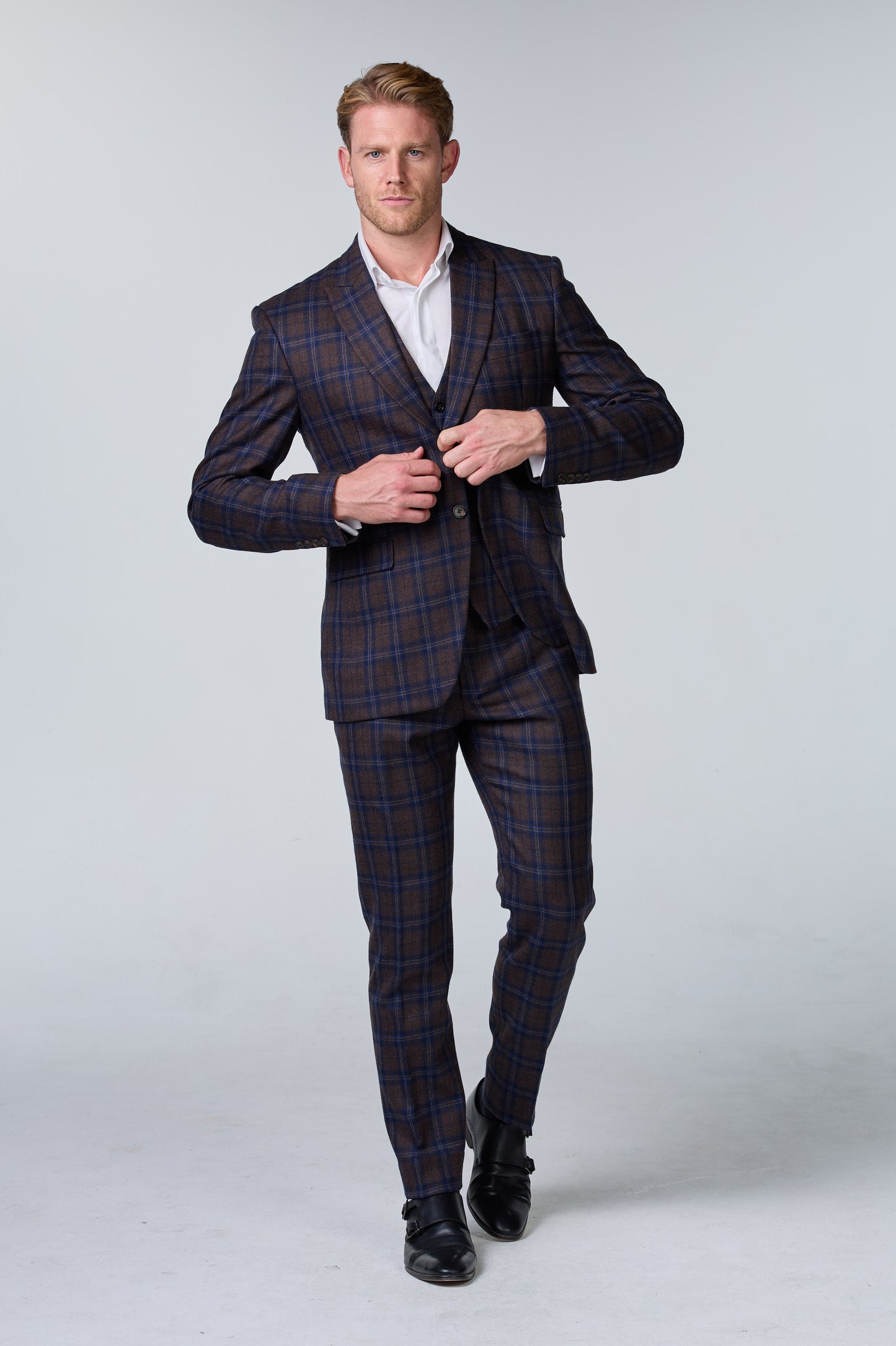 Blauer Tweed Anzug im British Chic, kariert, Peaky Blinders Stil - premium